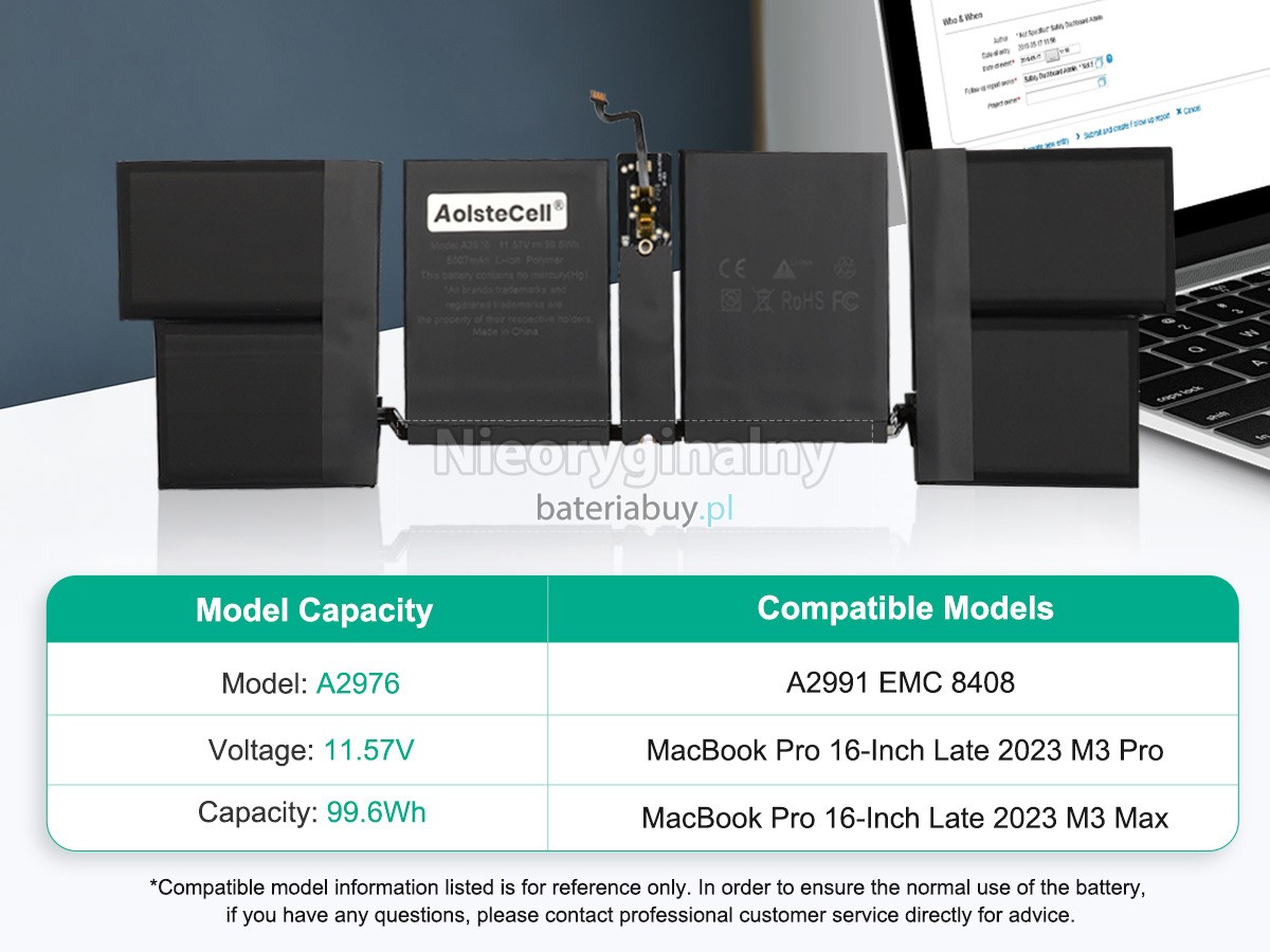 Apple MacBook Pro 16-inch M3 Pro Late 2023 A2991 EMC 8408 bateria